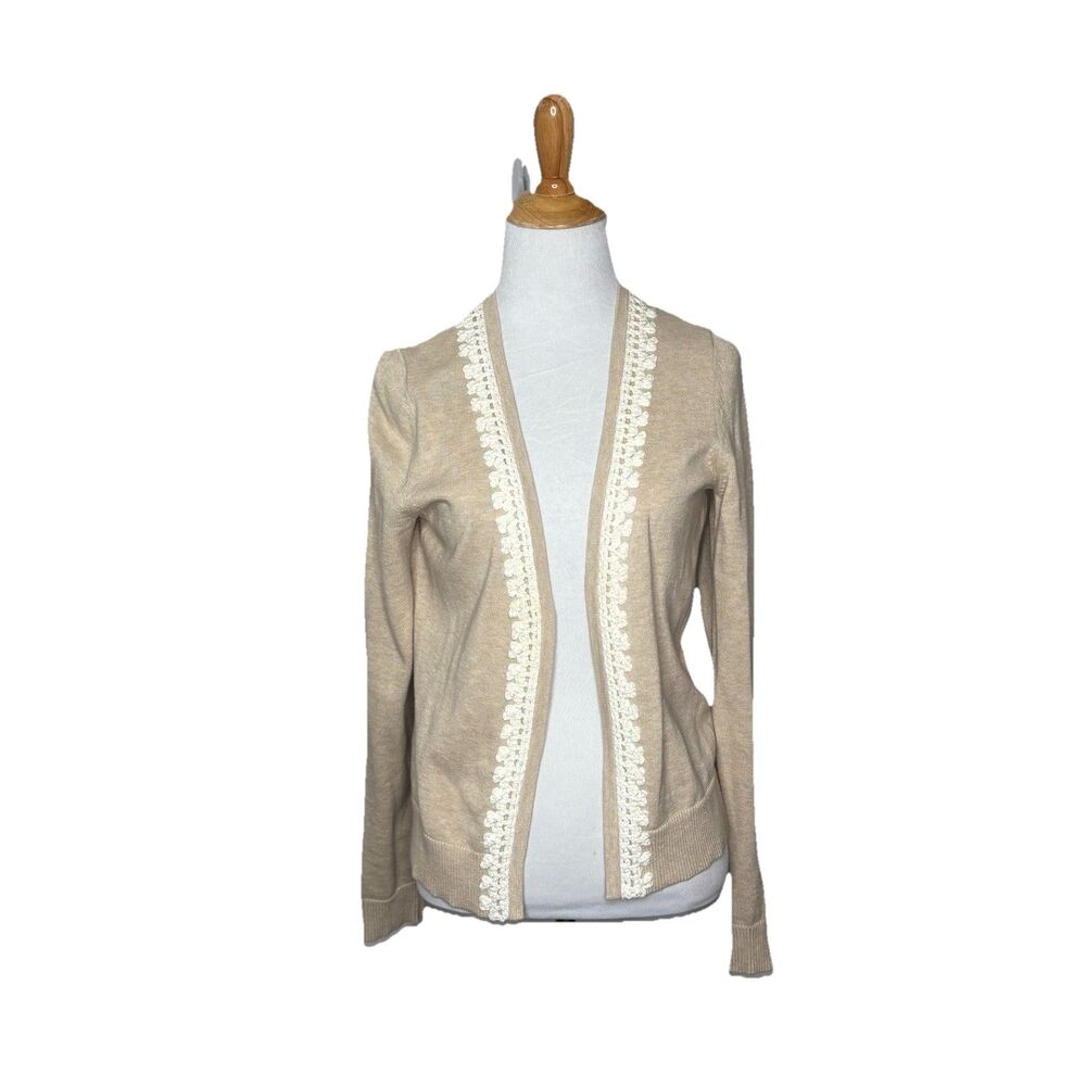Banana Republic Crochet Knit Trim Oatmeal Heather Cropped Cardigan Sweater Med